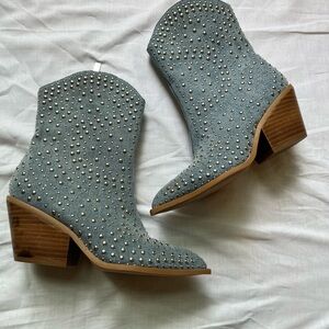 Corkys Blue and Brown Heeled Boots with Studded Design
